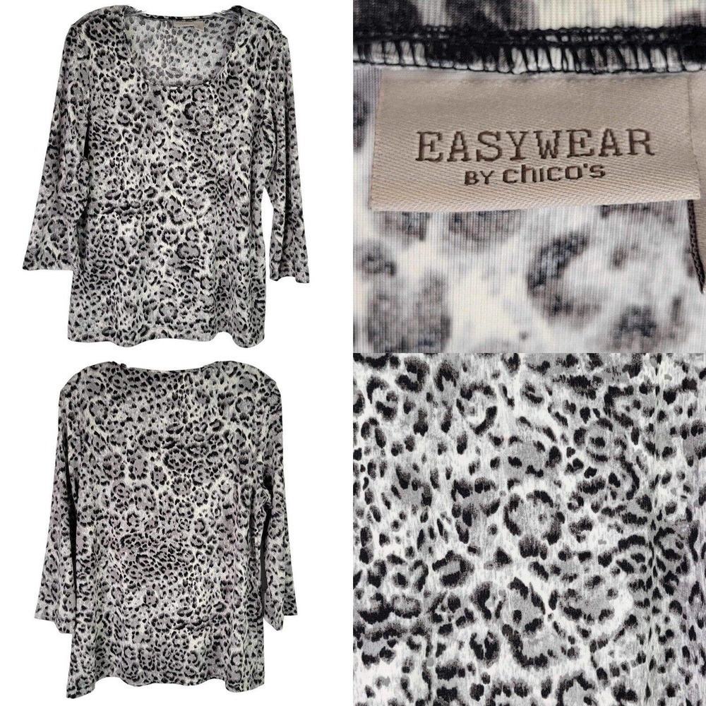 Chicos Tunic Shirt Womens 2 US L White Black Animal Print Art To Wear Stretch